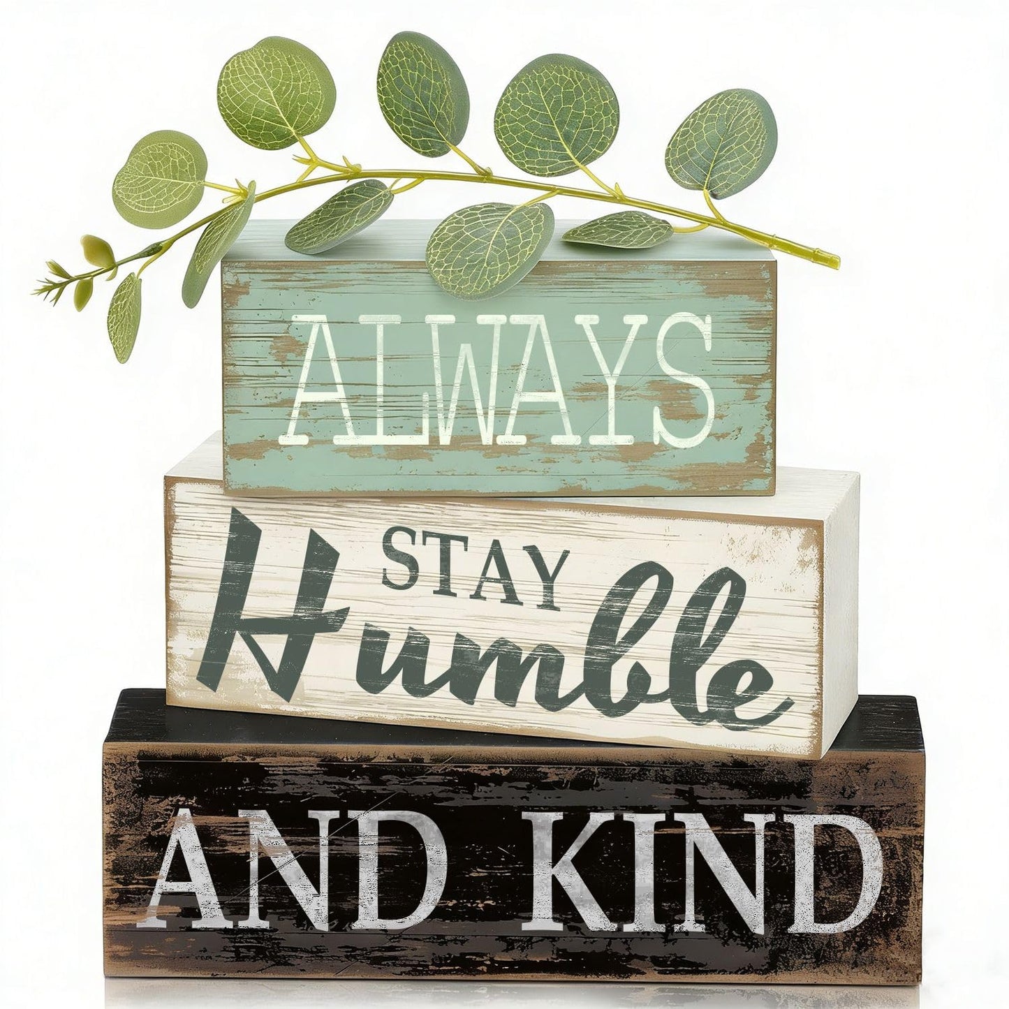 4 Pcs Farmhouse Stacked Wooden Decor Always Stay Humble and Kind Inspirational Table Signs with Eucalyptus Leaves for Living Room Shelf Fireplace Mantle Home Decoration Housewarming Gift