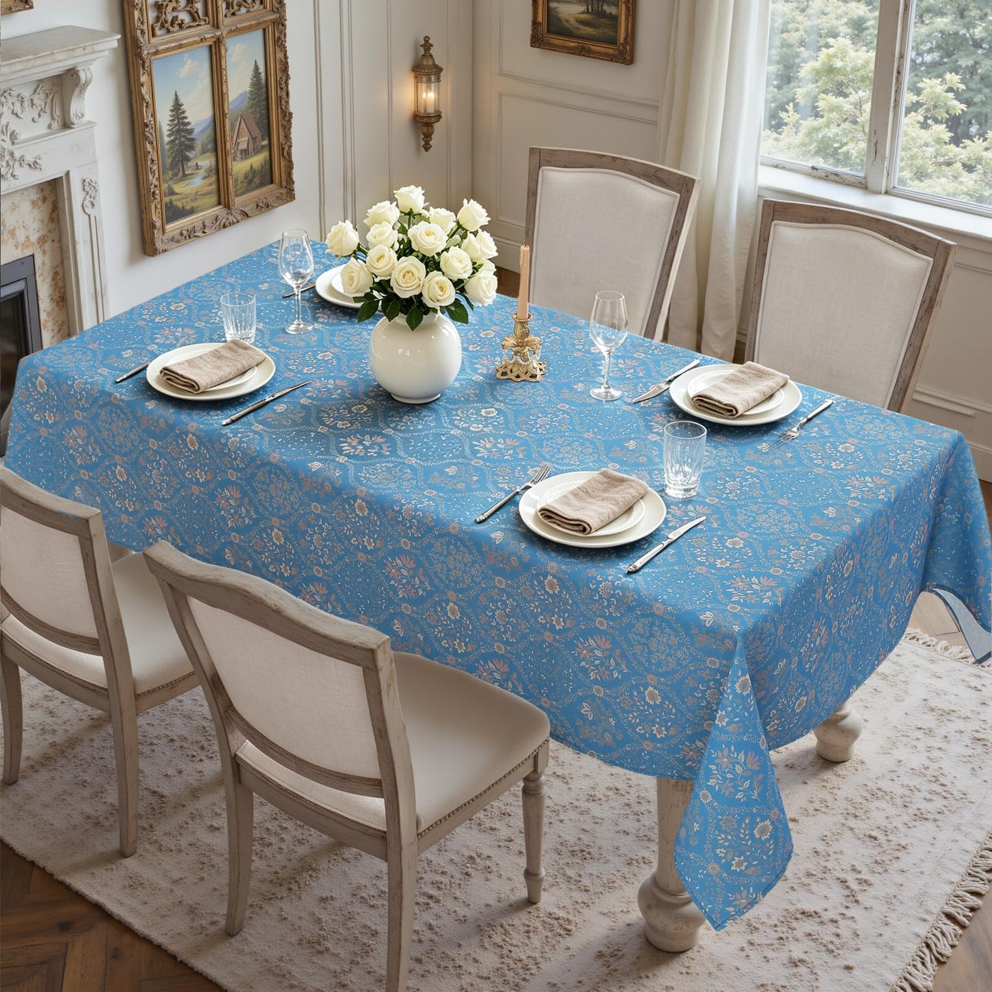Honellaty Blue French Vintage Floral Rectangle Tablecloth, 60 x 84 Inch