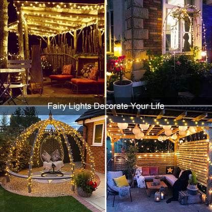 JMEXSUSS 4 Pack 100 LED Solar Fairy Lights, 33ft Warm White Solar String Lights Outdoor Waterproof, 8 Modes Copper Wire Solar Twinkle Lights for Garden Yard Tree Wedding