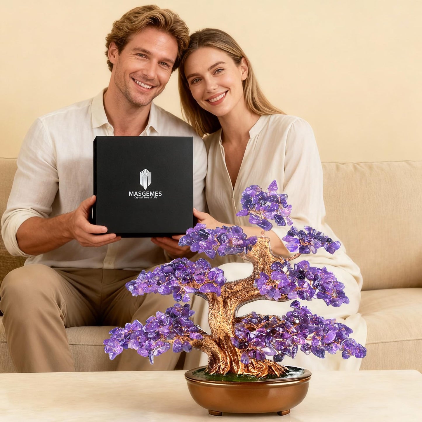 MASGEMES Amethyst Crystal Tree of Life – Handmade Gemstone Bonsai Tree with Natural Stones(360 Large Beads), Chakra Healing for Positive Energy, Home & Office Feng Shui 8"