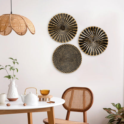 Briful 12" Wall Décor Pack of 3 Metal Gold & Black Washed Starbursts Radial Plate Wall Art Modern Accent Hanging Wall Decorations For Home Office Bedroom Or Living Room Wall Sculptures