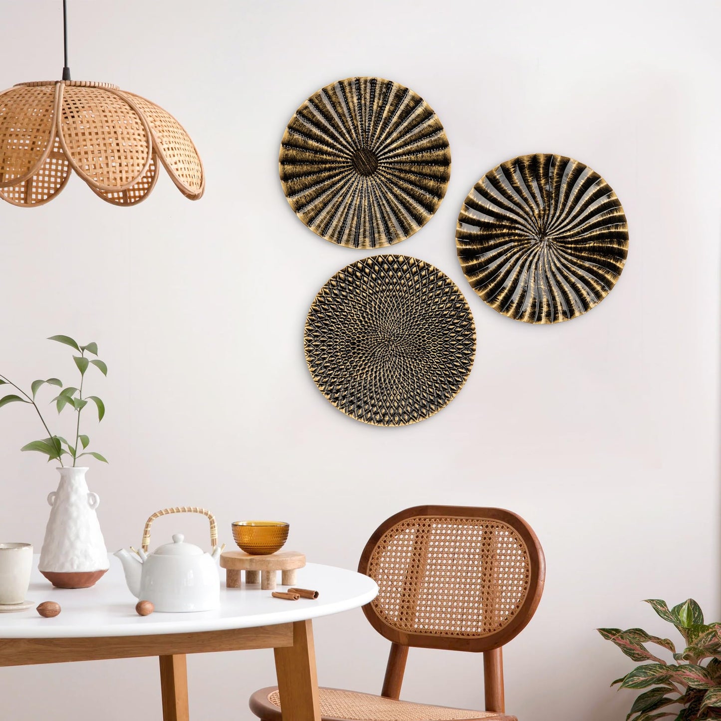 Briful 12" Wall Décor Pack of 3 Metal Gold & Black Washed Starbursts Radial Plate Wall Art Modern Accent Hanging Wall Decorations For Home Office Bedroom Or Living Room Wall Sculptures