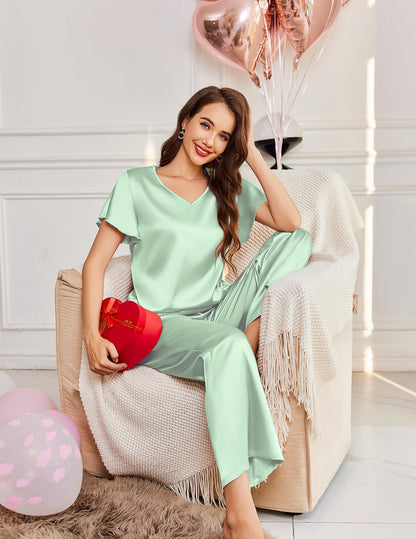 Ekouaer Women's Satin Silky Pajama Set 2 Piece Short Sleeve Shirt with Long Pants Pjs Sets Soft PJ Loungewear S-XXL