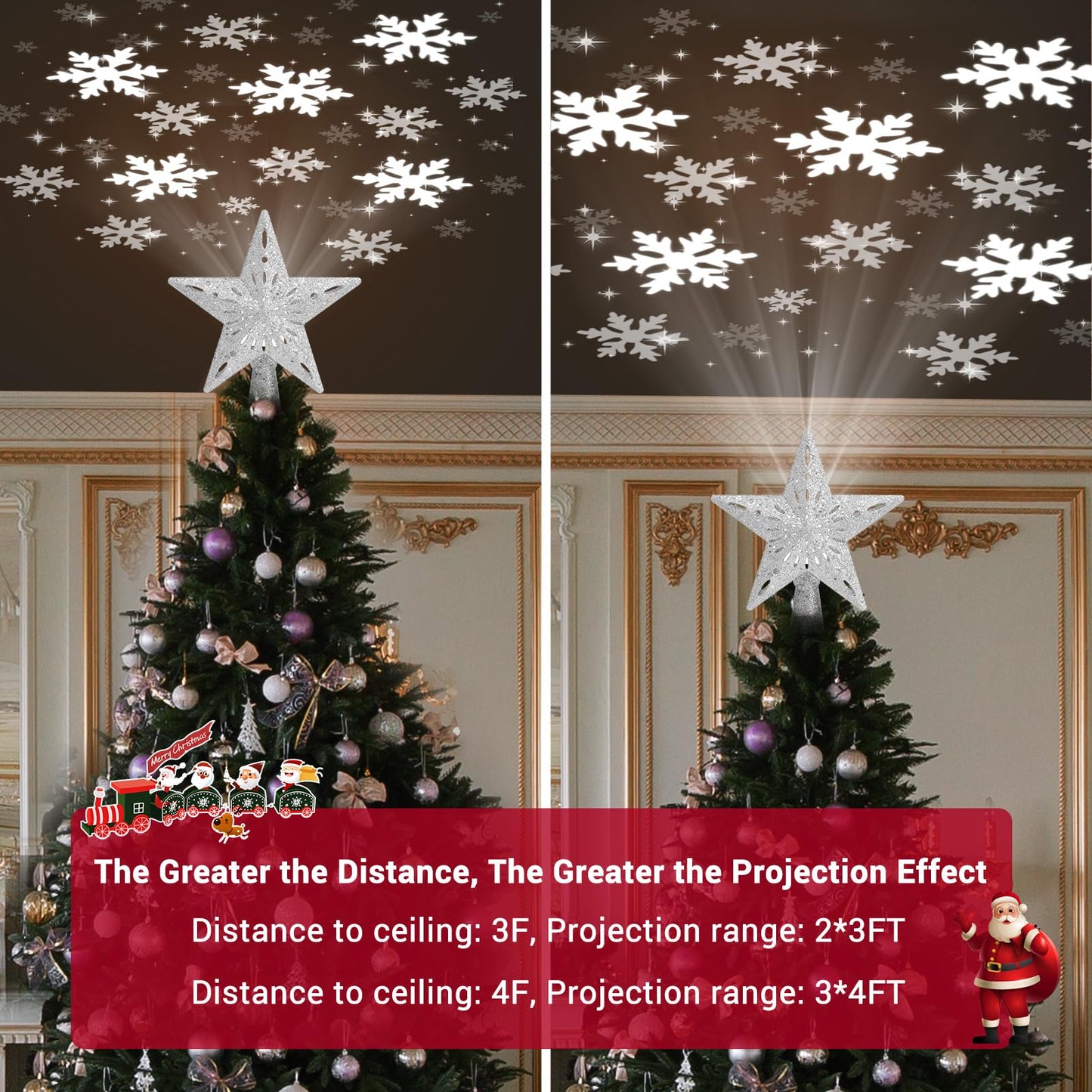 Winpull Christmas Tree Topper Lighted with 6 Pattern Projection Modes, Christmas Star Tree Topper Built-in LED Rotating Lights, Silver 3D Glitter Dynamic Projector for Christmas Decorations