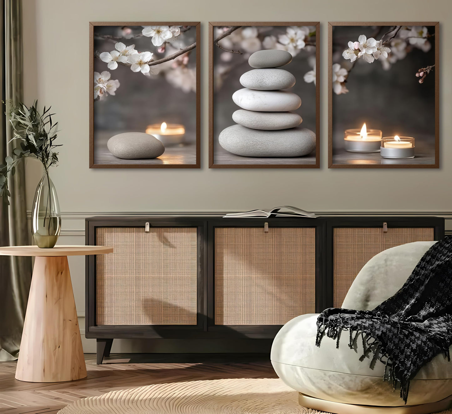 ZHJIOFXG 3 Piece Zen Canvas Wall Art Stacked Stones Cherry Blossom Candle Spa Wall Decor Calming Minimalist Neutral Poster Print Art for Bathroom Bedroom Yoga Room Office Living Room 16x24in Unframed