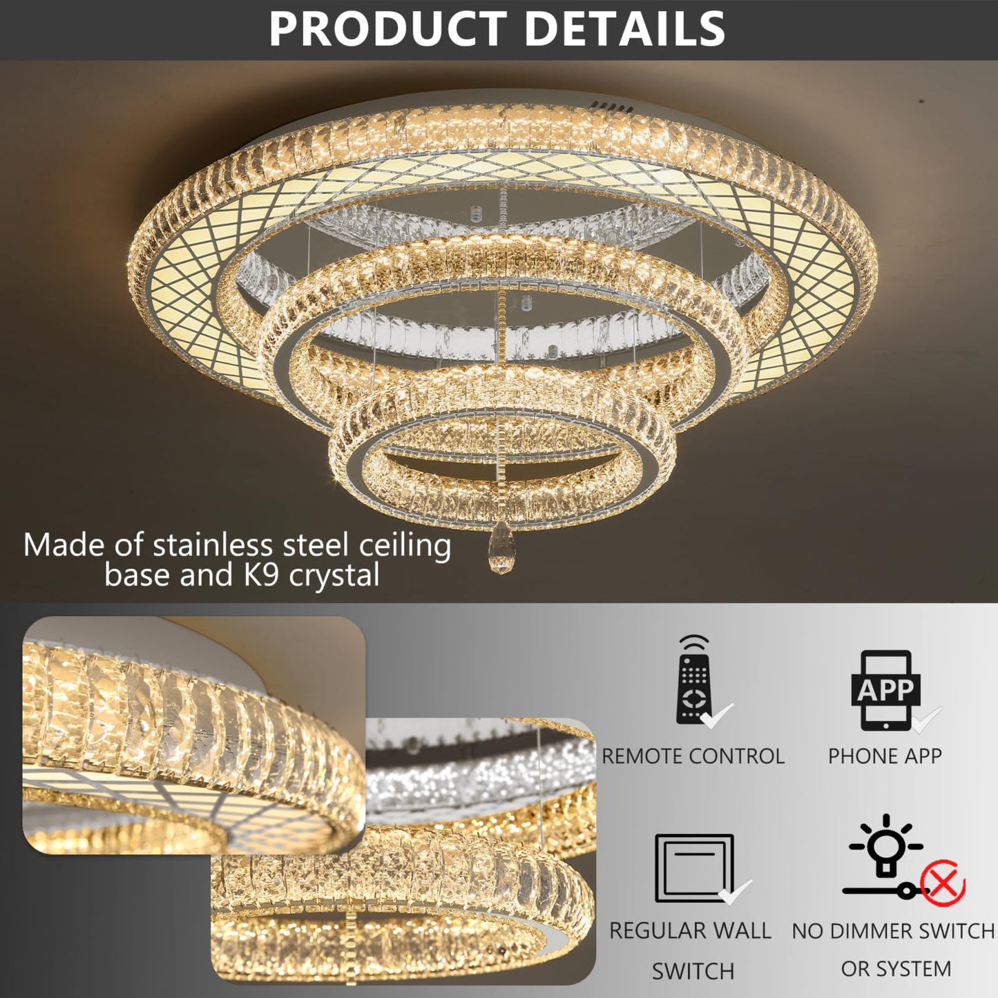 39.4" Modern Crystal Chandeliers Dimmable Lager Chandelier LED Flush Mount Ceiling Light High Ceiling Chandelier for Living Room Dining Room Bedroom Foyer Hallway Entryway Silver