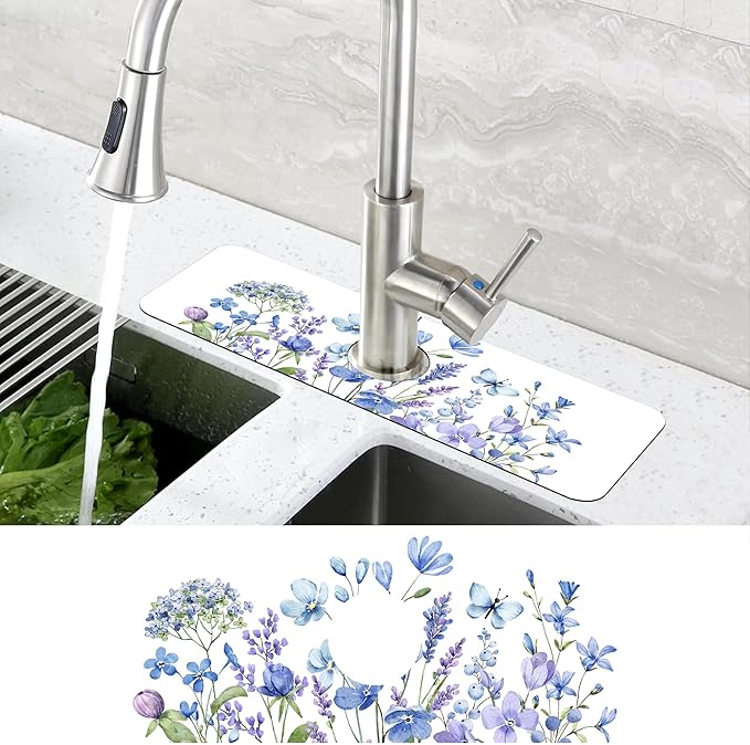 Watercolor Floral Butterfly Sink Faucet Absorbing Mat Sink Splash Guard Faucet