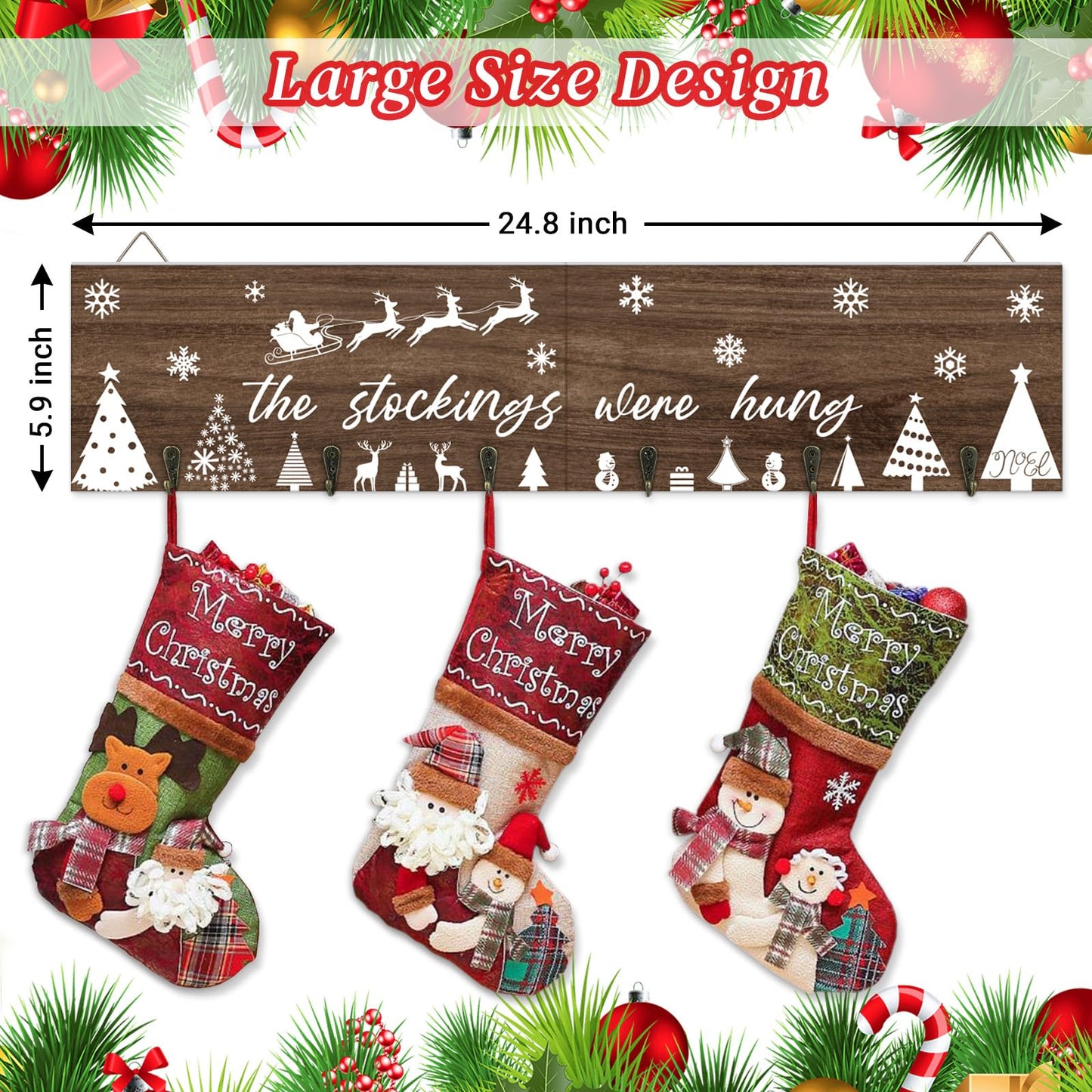LIKAJON Wooden Christmas Stocking Holder for Wall, 24.8 Inches Xmas Stocking Hangers for Wall, The Stocking were Hung Wood Hanging Sign with 6 Hangers for Christmas Fireplace Mantel Decorations