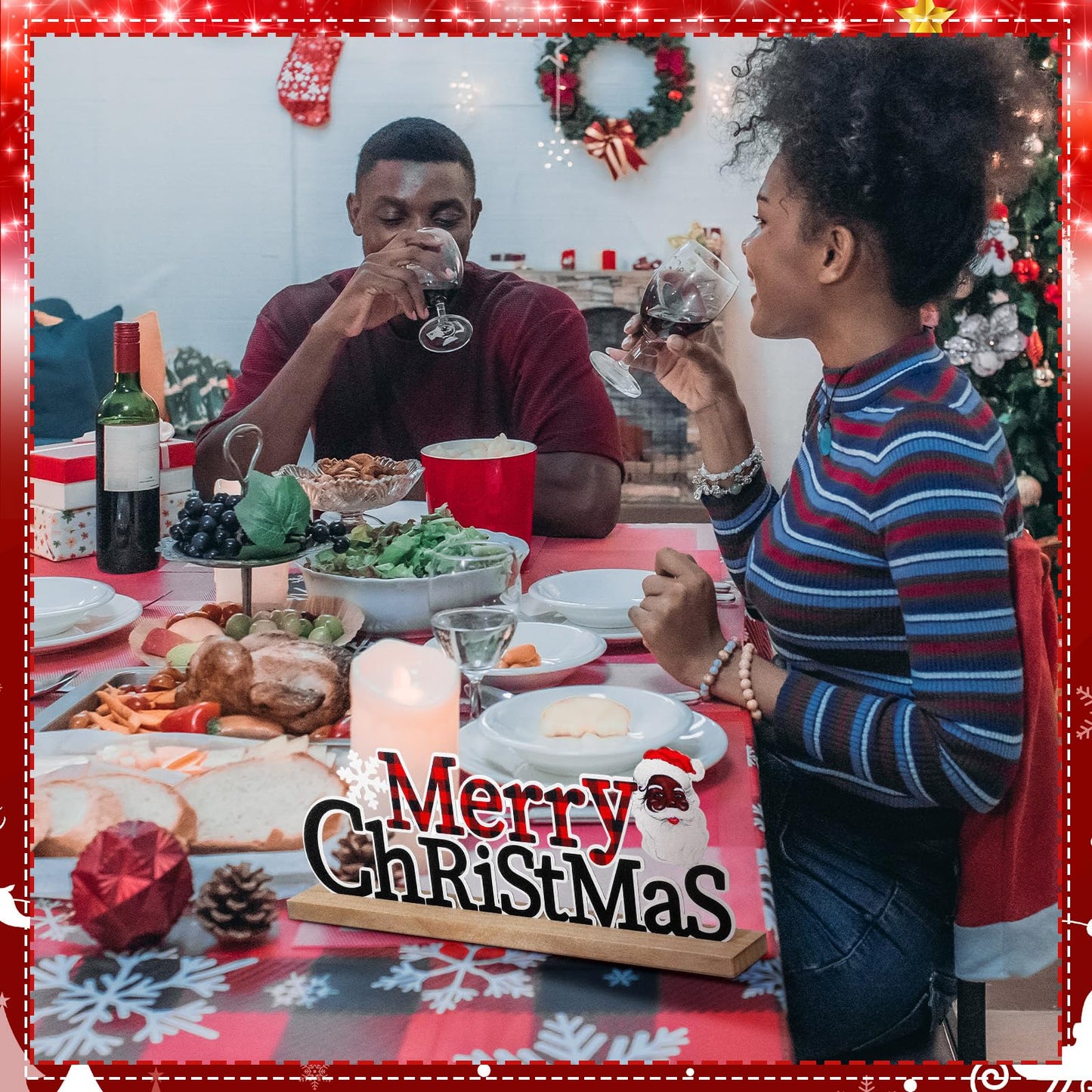 Realspring Merry Christmas Metal Sign African American Table Decor Christmas Black Santa and Red Black Buffalo Plaid Decor with Wooden Base for Tiered Tray Home Tabletop Centerpiece Mantel Fireplace