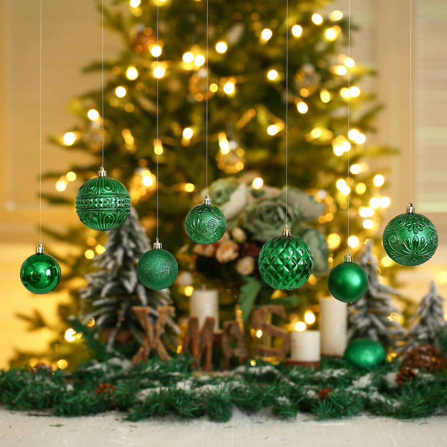 Christmas Ball Ornaments Green Christmas Tree Decorations with Hang Rope-36pcs Shatterproof Christmas Ornaments Set with 6 Styles in 3 Sizes(Small Medium Large)