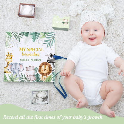 Beeveer Baby Keepsake Box Newborn Memory Organizer with 9 Labeled Compartments First Keepsake Book Gift Box for Pregnancy Mother"s Day Baby Shower New Maternity (Green,Jungle Animal)