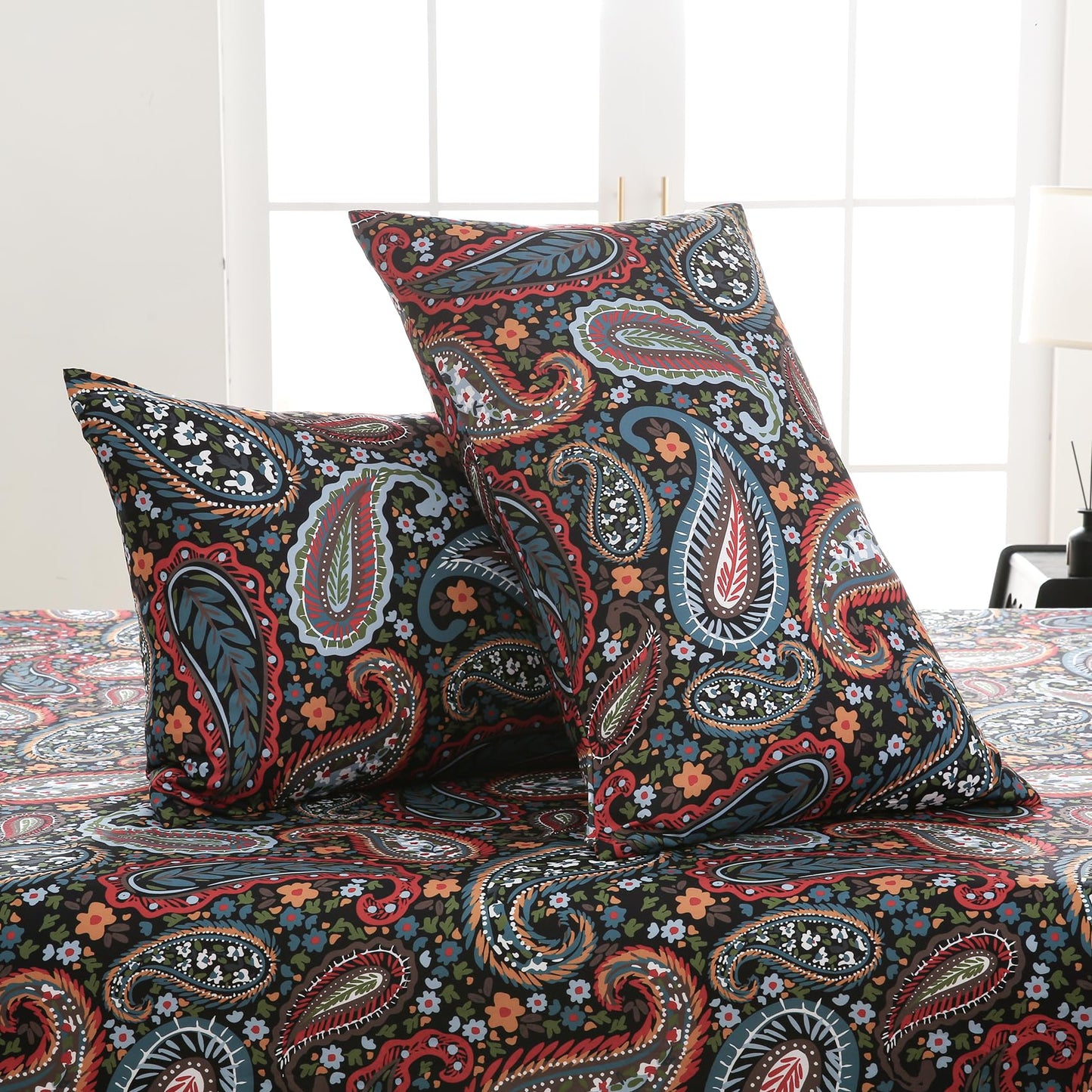 Yibeizi King Size Sheets Set Deep Pocket Black Paisley Bed Sheet Sets, Dark Floral Printed Soft Microfiber Oeko-Tex Hypoallergenic Sheets & Pillowcases Wrinkle Free Bedsheets