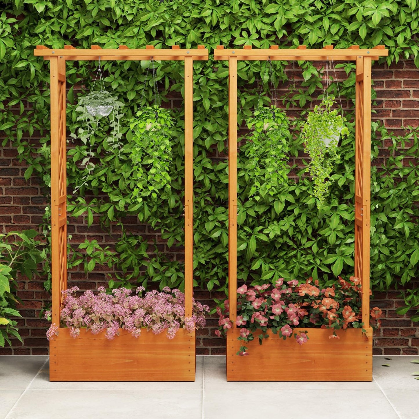 Giantex Set of 2 Raised Garden Bed with 2-Sided Trellis & Hanging Roof, Fir Wood Planter Box w/Drainage Holes, Bottom Gaps, Freestanding Garden Planter for Flowers Herbs Climbing Vines (31"x12.5"x60")