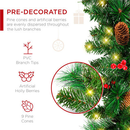 Best Choice Products 9ft Pre-Lit Holiday Pre-Decorated Christmas Garland for Stairs, Fireplace, Decoration w/PVC Tips, 50 Lights, Pine Cones, Berries - Unflocked