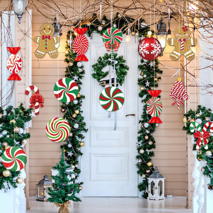18 Pcs Gingerbread Christmas Ornaments, Candy Gingerbread & Peppermint Yard Signs, Outdoor Xmas Hanging Ornaments for Lawn, Festive Winter Party Supplies