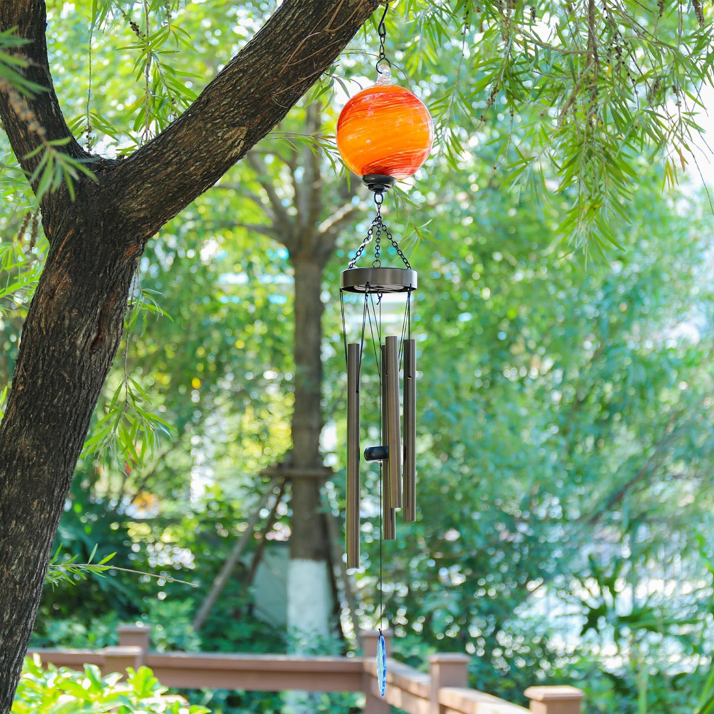 MUMTOP Solar Wind Chime for Outsides, 35" Glass Windchimes with Solar LED Lights Decorative Hanging Wind Bell for Porch Patio and Garden Decor, Orange