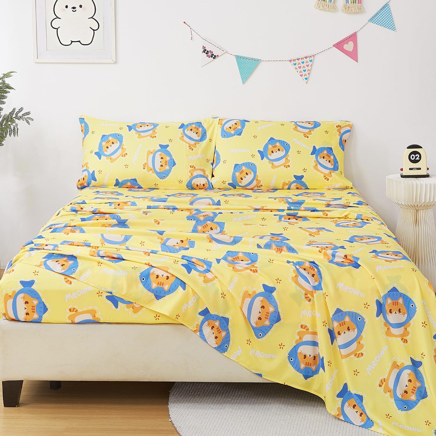 CozySmile Twin Sheet Set Kids,3 Pieces Breathable Soft Microfiber Bedsheets for Child Boys Girls, Oeko-TEX, Anti Pilling Deep Pockets Easy Care Bed Sheets, Cat Fish