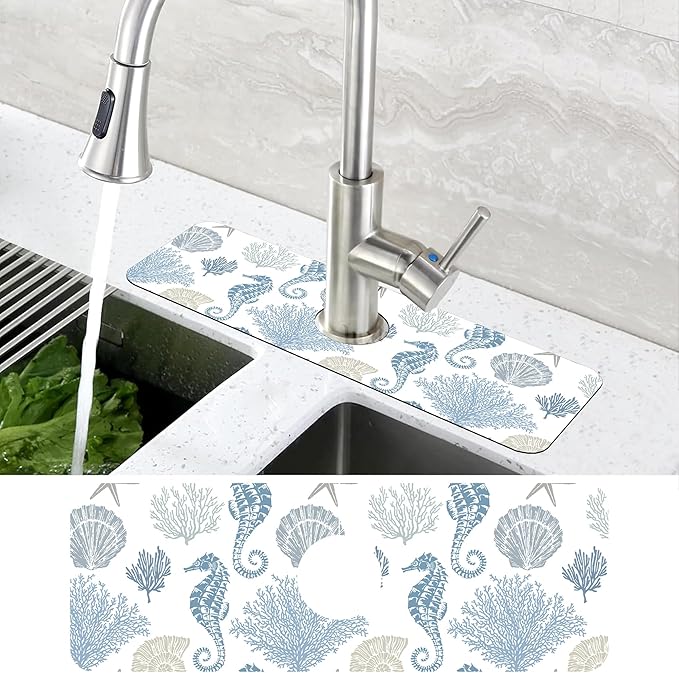Marine Seashell Seahorse Coral Kitchen Sink Splash Guard Mat Absorbent Fast