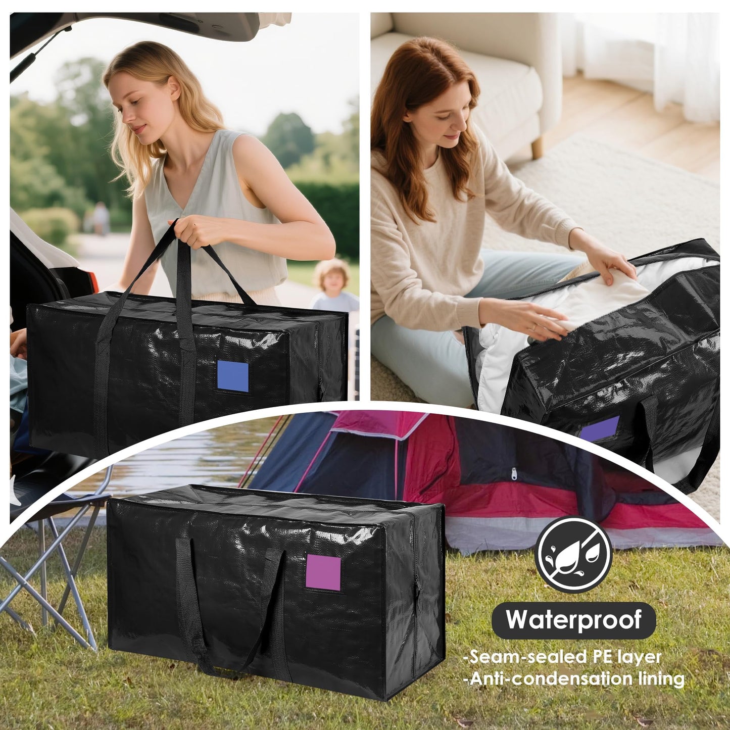 RMOHRO 6 Pack Moving Bags with Full-Open Side Zipper, Extra Large 93L Heavy Duty Waterproof Foldable Storage Totes for College Dorm, Moving & Home Organization Black