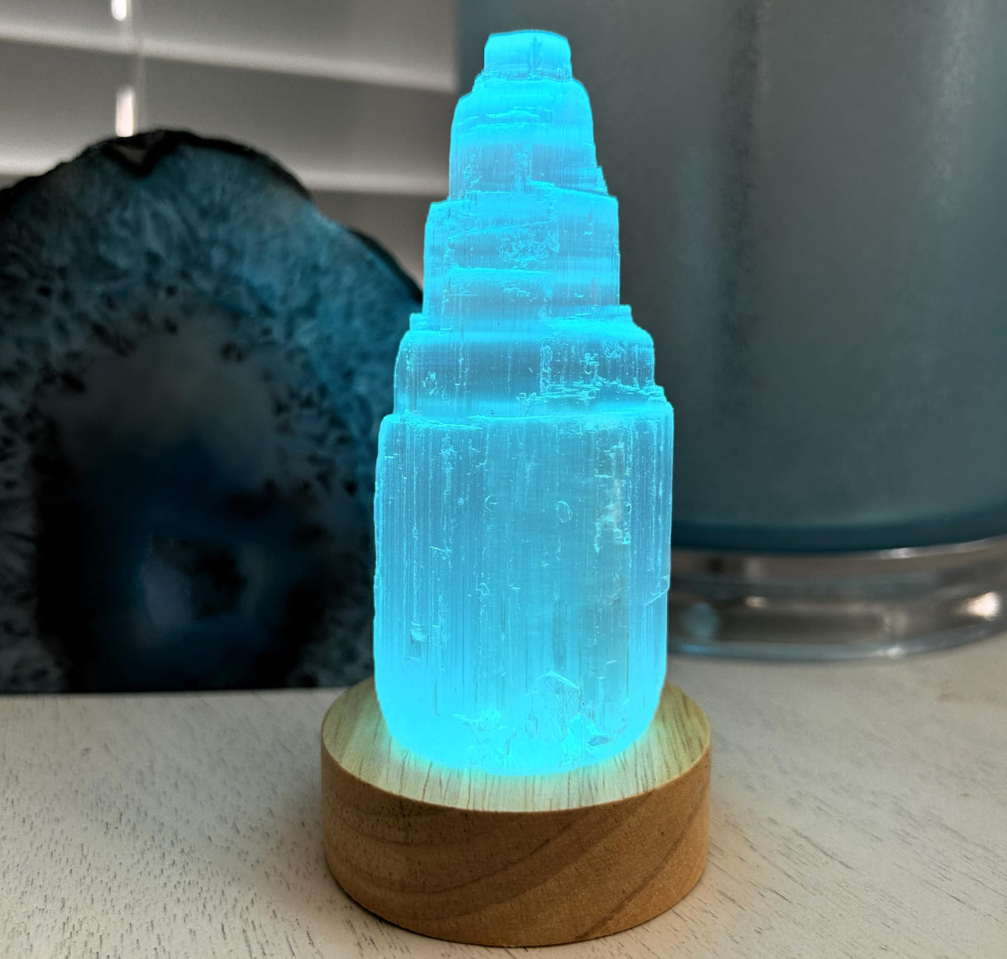 Small 4" Selenite Carved Moroccan Crystal Tower Skyscraper & USB Rainbow Multi-Color Changing LED Wooden Base Charge Crystals, Gems, Jewelry. Cleanse Unwanted Energy, Reiki Practitioner Energy Infused
