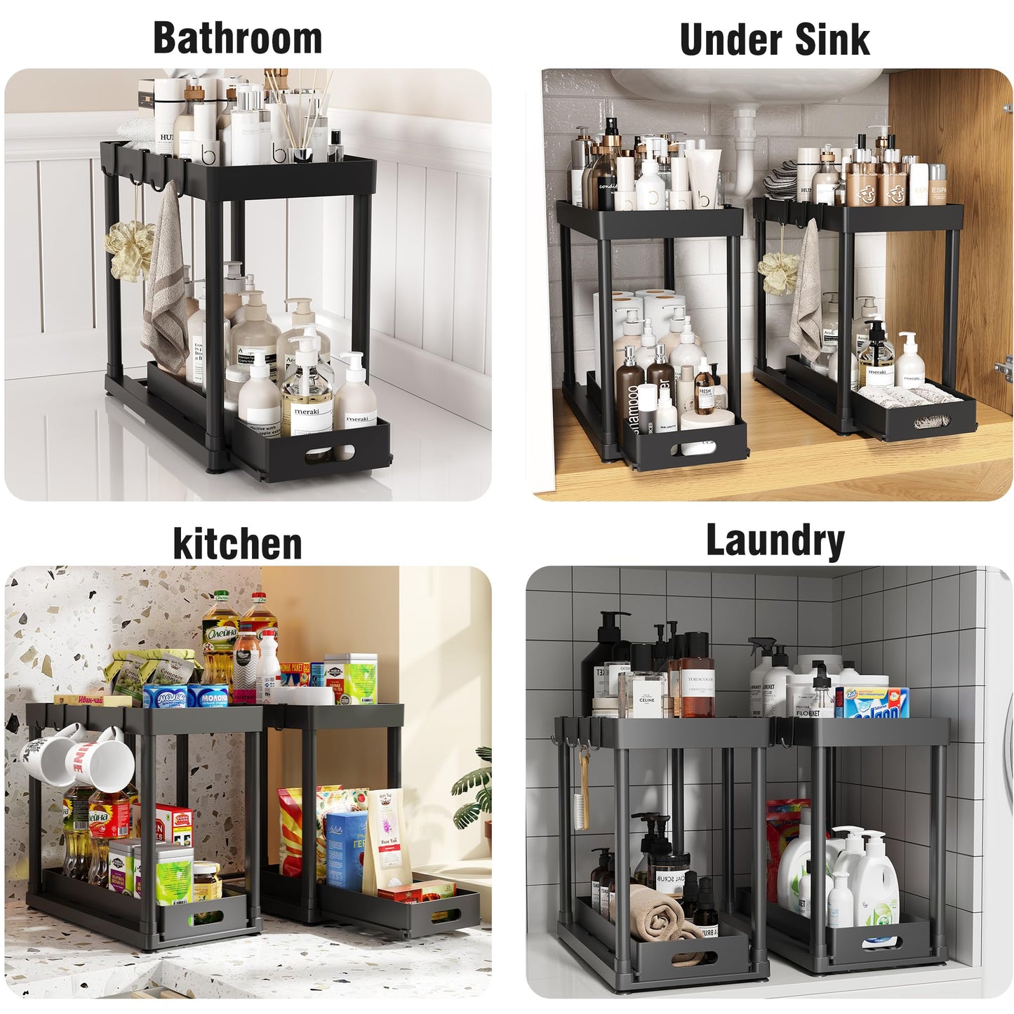2PC Under Sink Organizer Rack 2 Tier Under Sliding Cabinet Basket Organizer Drawer with 4 Hooks, Multi-purpose Under Sink Storage for Bathroom Kitchen Desktop（Black）