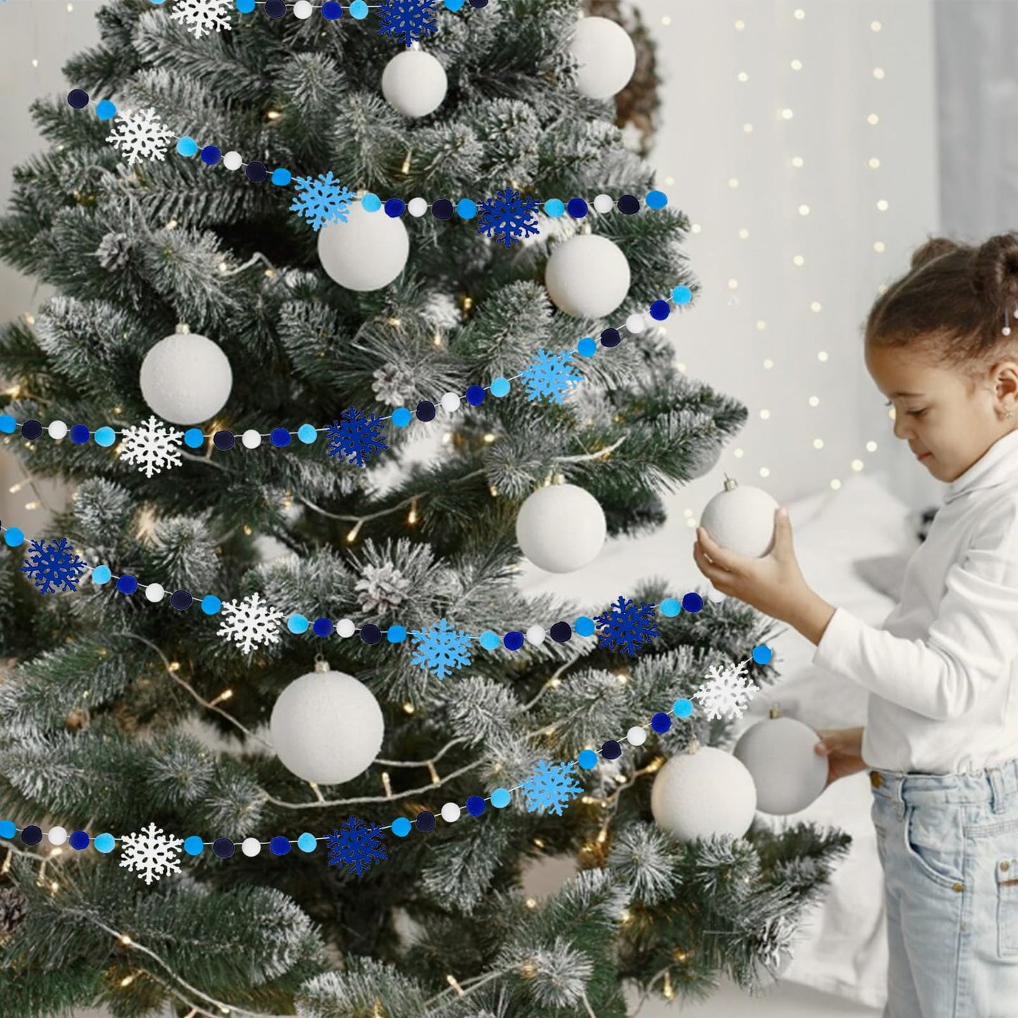 AnyDesign 8.2Ft Winter Snowflake Felt Ball Garland Cute Dark Blue Sky Blue White Pom Ball Banner Christmas Hanging Bunting Garland for Xmas Holiday Home Mantel Wall Decor Party Supplies
