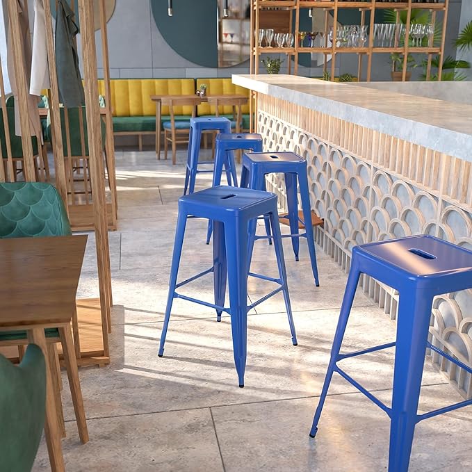 Flash Furniture Commercial Grade 30" High Backless Blue Metal Indoor-Outdoor