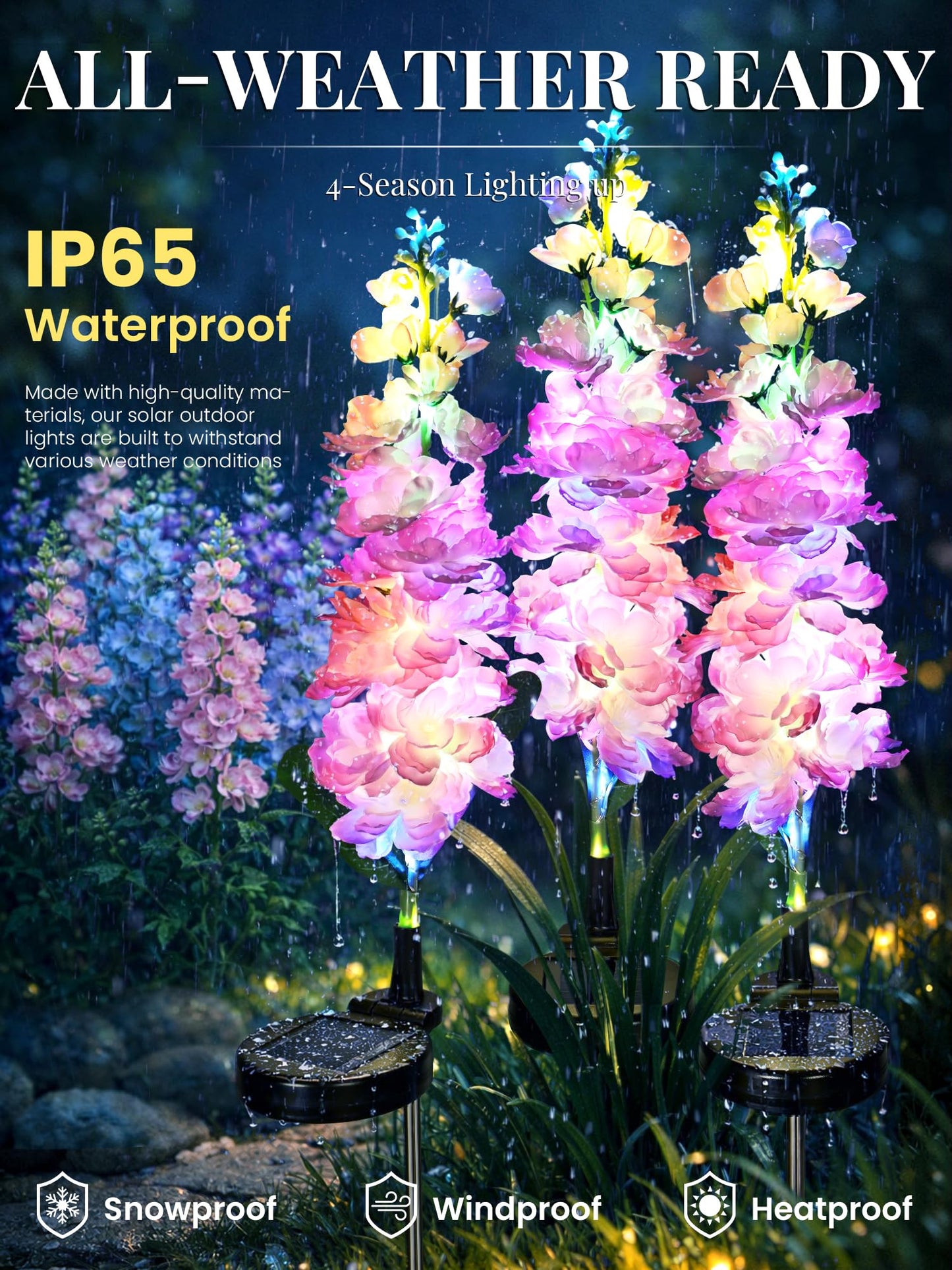 GIGALUMI Solar Lights Outdoor for Garden Decor, 3 Pack Solar Flower Lights Waterproof, 2 Lighting Modes Delphinium for Pathway,Yard, Patio Decoration, Gardening Gifts for Women (Pink)