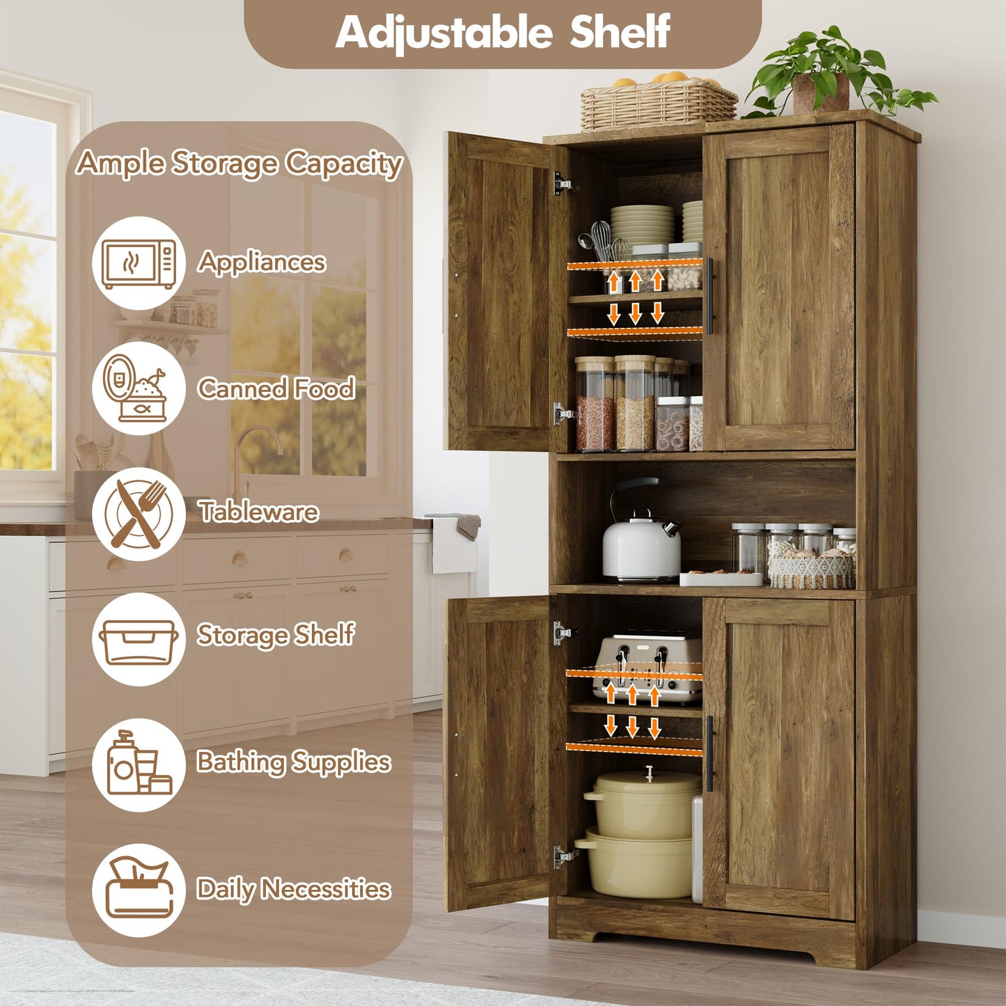 IDEALHOUSE Kitchen Pantry Cabinet, 70in Tall Storage Cabinet with Doors and Adjustable Shelves, Freestanding Cupboard for Living Room, Dining Room, Bathroom