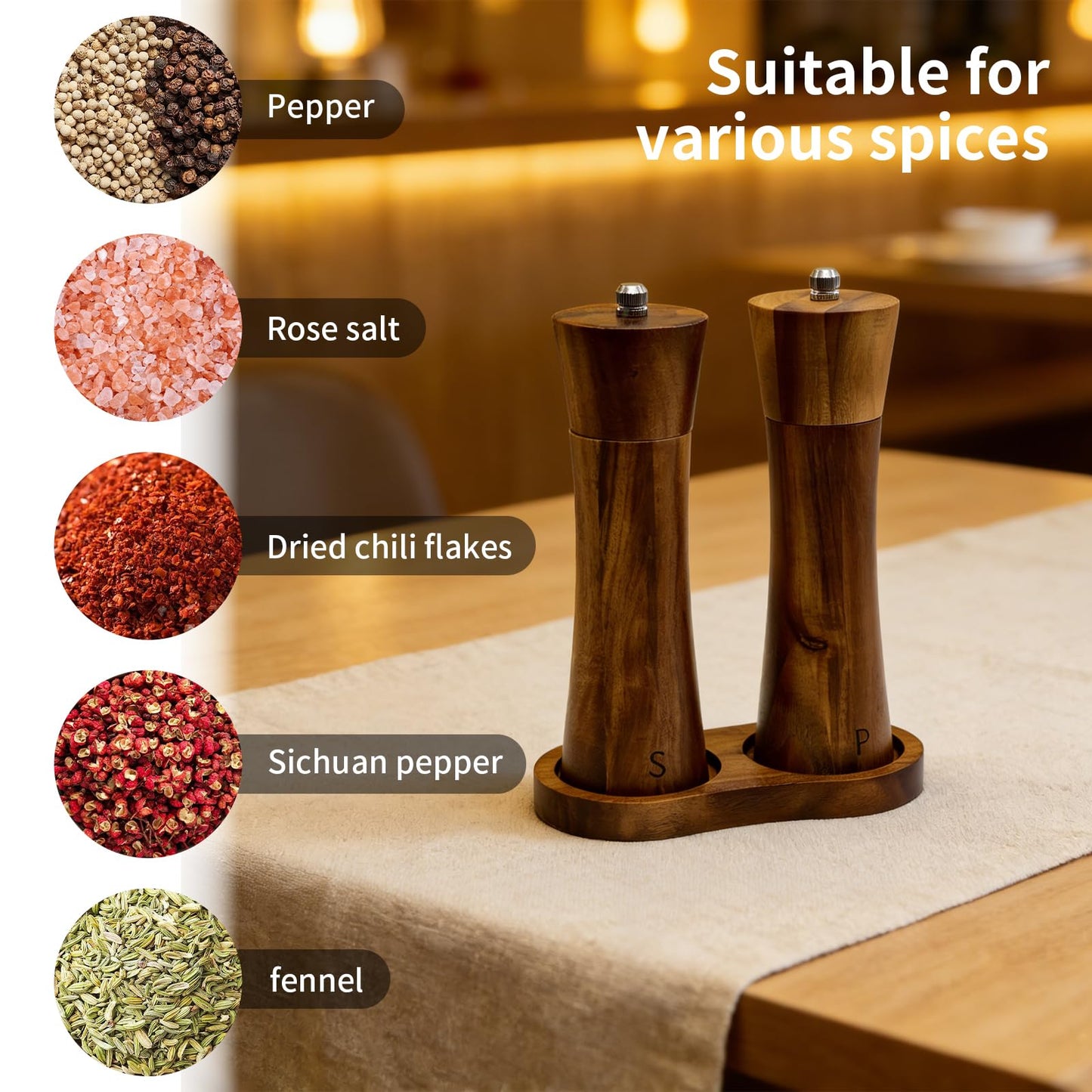 Amestar 2 Pack Acacia Wooden Salt and Pepper Grinder Set, 8.3 Inch Salt Grinder Refillable with Adjustable Coarseness, Manual Pepper Grinder with Ceramic/Stainless Steel Core, Home Essentials