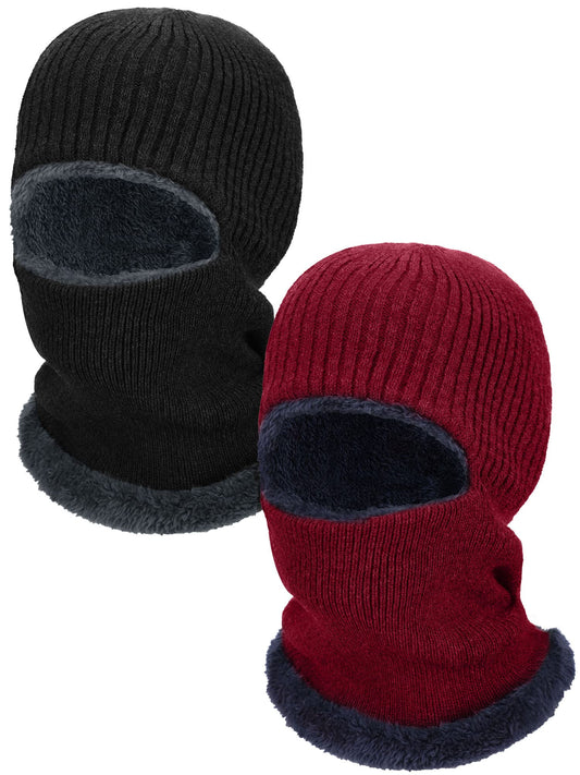 2 Pieces Winter Warm Knitted Balaclava Neck Warmer Hat Fleece Ski Cover Windproof Face Cover for Outdoor Sports (Black, Red)