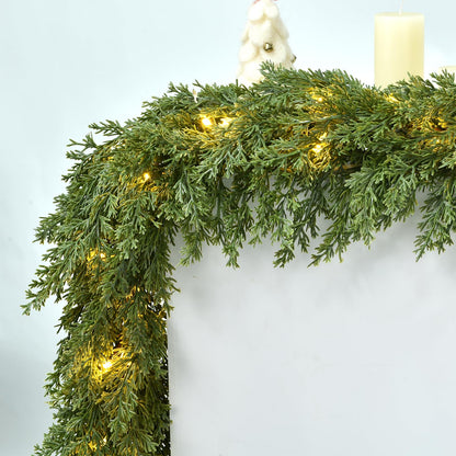 Lvydec Lighted Christmas Pine Garland Decoration, 9ft Realistic Cedar Cypress Garlands Christmas Greenery Garland with Lights for Holiday Mantel Fireplace Table Centerpiece (9ft)