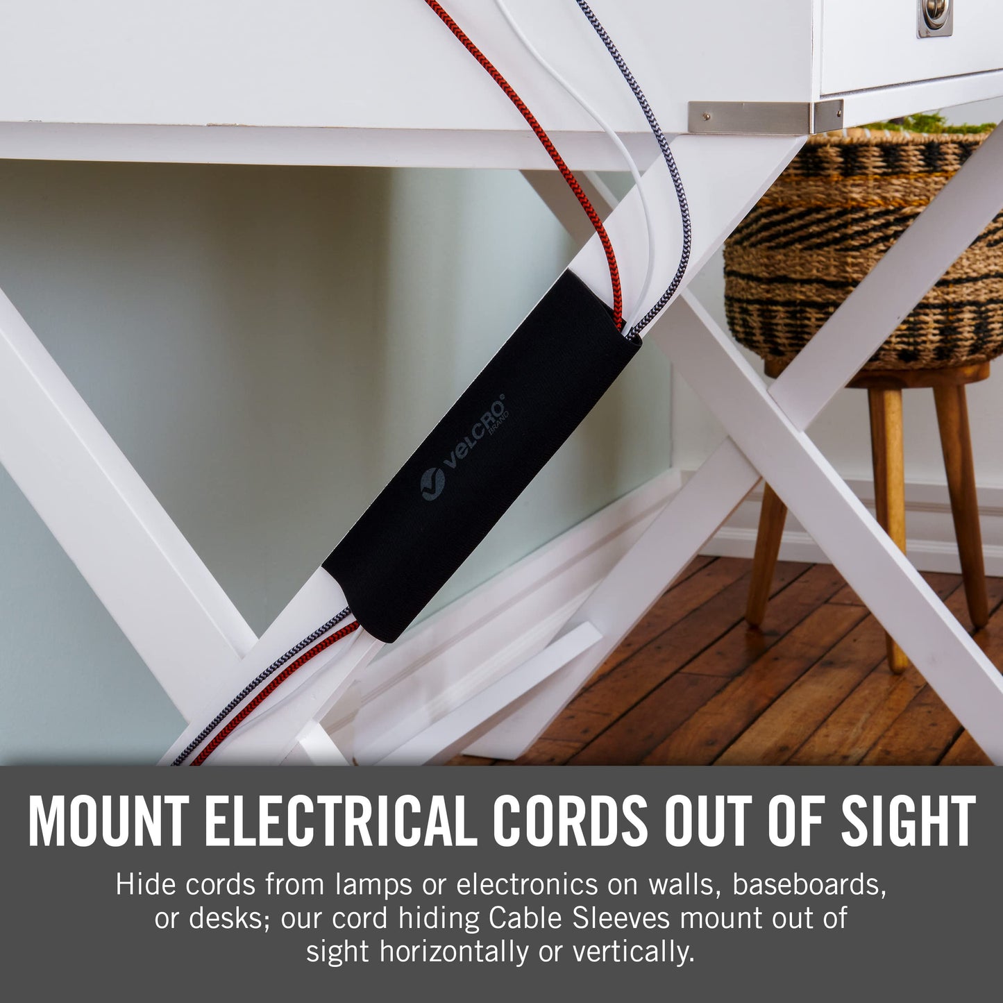 VELCRO Brand Mountable Cable Sleeve | Cord Management Mounts on Walls, Desk or Entertainment Center | Removable Adhesive is Damage Free | 8in Black, 2pk, 8in - 2Pk