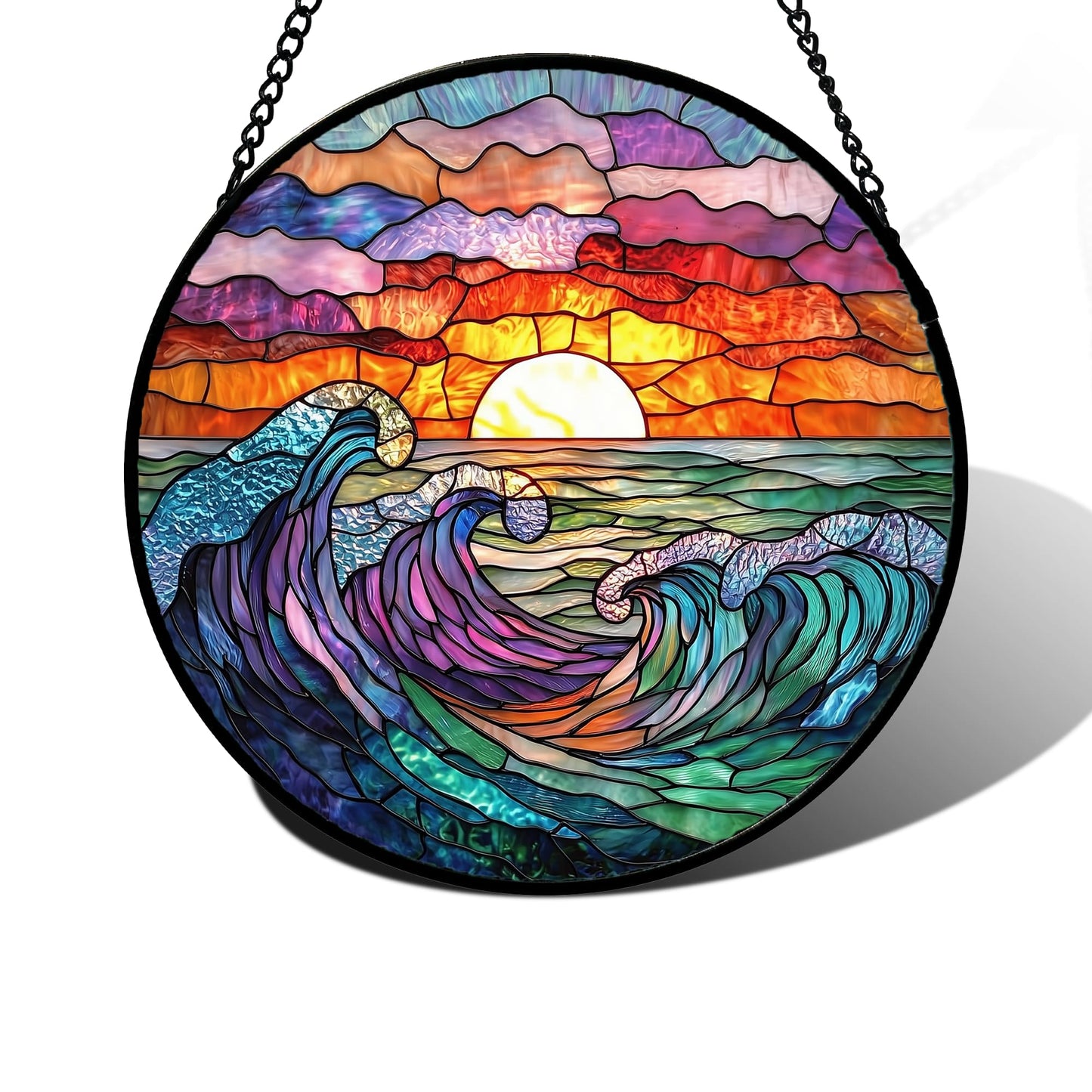 DASTOLL Stained Glass Window Hanging, Clouds and Sea Waves Suncatcher Diamond Glass Panel Hangings Scenery Sun Catchers Decor for Birthday for Women, Men, Wife, Aunt, and Mom 7.8 in