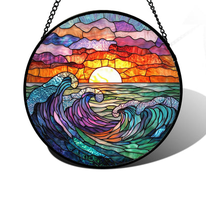 DASTOLL Stained Glass Window Hanging, Clouds and Sea Waves Suncatcher Diamond Glass Panel Hangings Scenery Sun Catchers Decor for Birthday for Women, Men, Wife, Aunt, and Mom 7.8 in