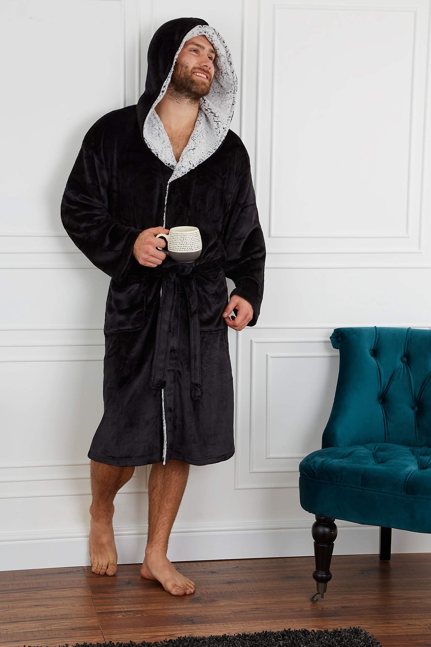 CityComfort Dressing Gown Men and Teenagers - Super Soft Hooded Mens Fleece Robe - Sizes M-2XL Warm Cosy Loungewear Nightwear (Charcoal Black, XL)