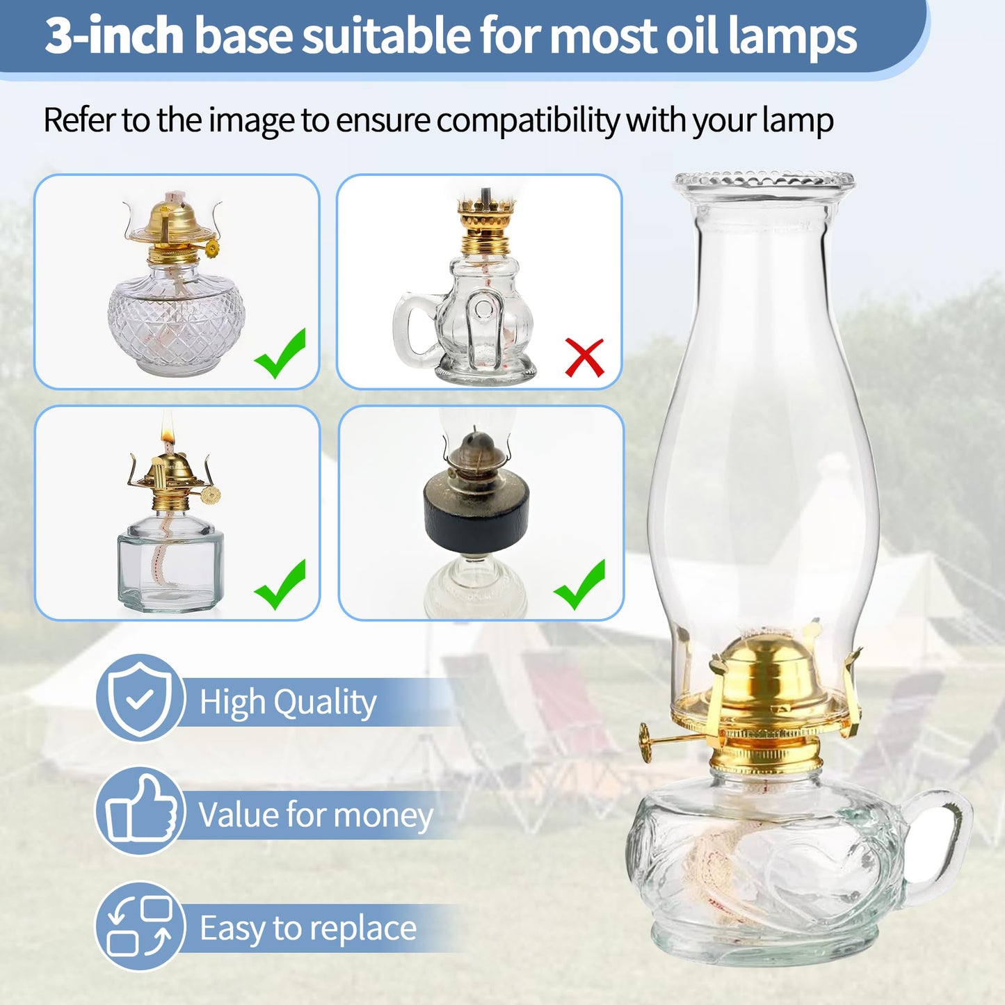 Oil Lamp Chimney Replacement, Clear Hurricane Glass Shade with Wave Style, 3-Inch Base for Kerosene Lamps