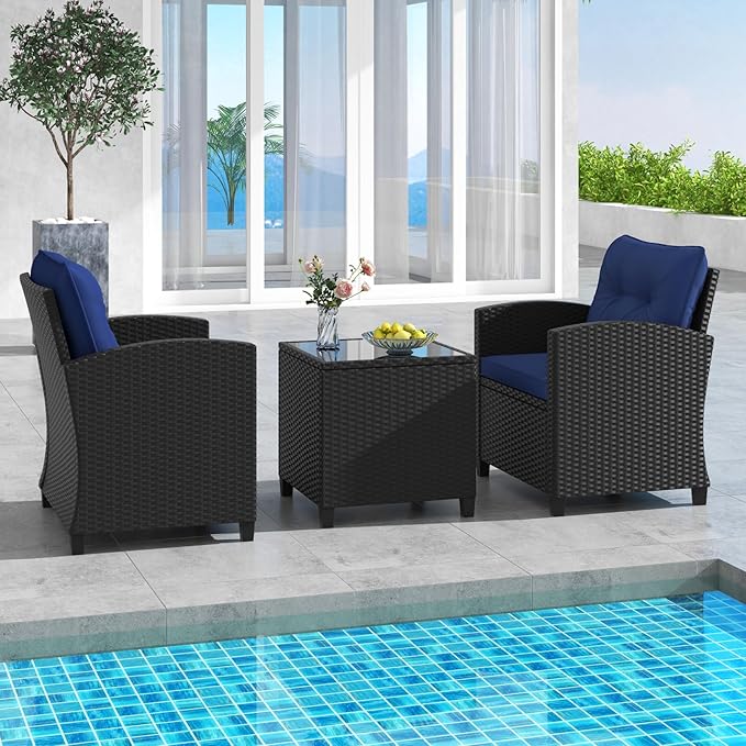 HAPPYGRILL 3 Pieces Wicker Patio Conversation Set, PE Rattan Bistro Sofa Set