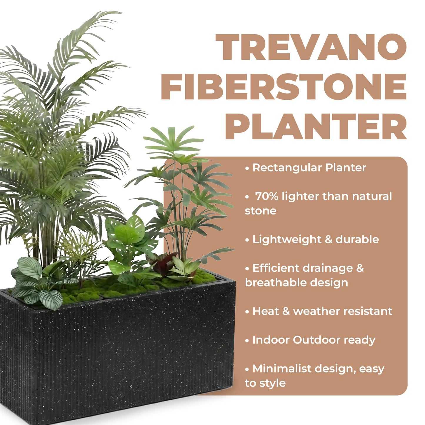 DEPLA LANE Trevano Fiberstone Rectangular Planter (26" L x 9.8" W x 15.7" H) Ribbed Finish, Removable Inner Pots, Lightweight, Durable, UV Resistant, Modern Indoor Outdoor Plant Pot (M, Ribbed Black)