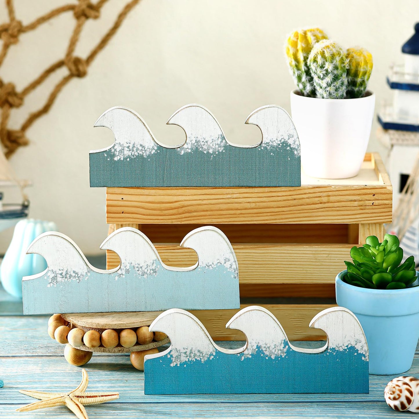 Qunclay 3 Pcs Coastal Table Decor Wooden Waves Ocean Decor Summer Beach Tiered Tray Blue Wave Sign Centerpieces for Table Home Office Bedroom Nursery