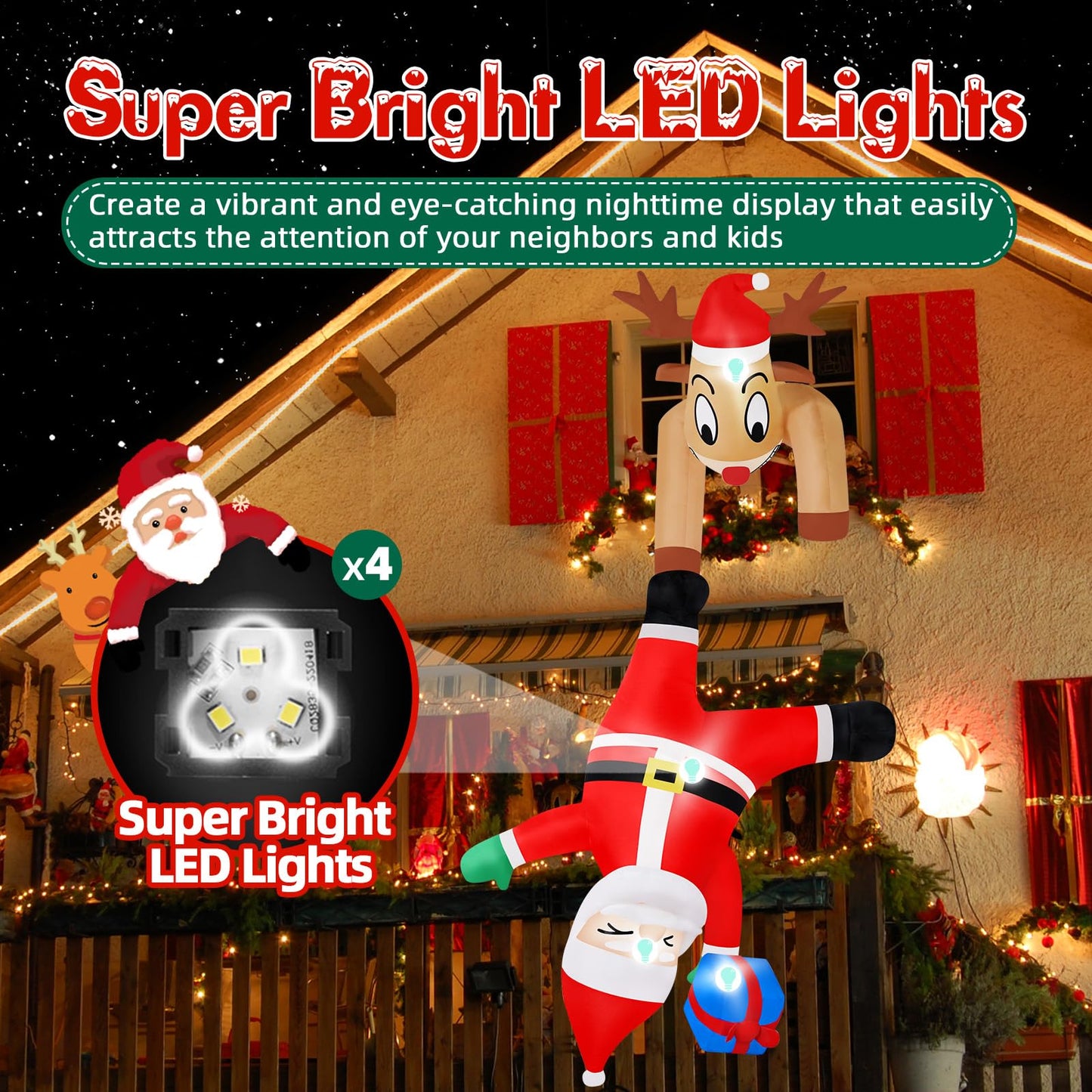 B&D 6FT Christmas Inflatable Reindeer Pulling Falling Santa Outdoor Decorations, Funny Hanging Inflatable Christmas Decorations Built-in LEDs Blow Up Yard Inflatable for Xmas Party Indoor Garden Roof