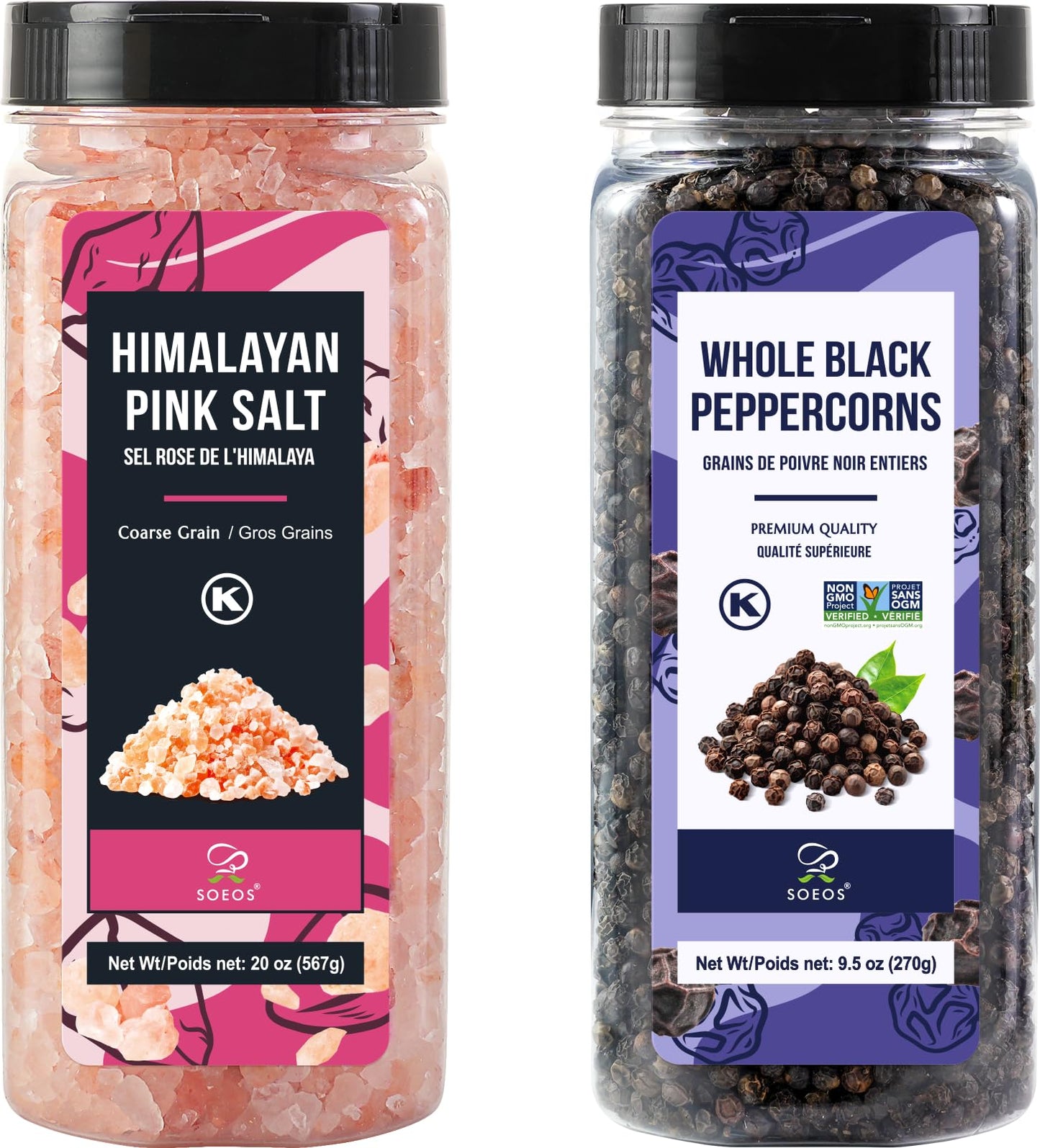 Soeos Himalayan Pink Salt 20oz + Whole Black Peppercorns 9.5oz Set, Coarse Grain, Salt for Grinder Refill, Salt and Pepper Grinder, Non-GMO Verified, Spice Seasoning Set for Cooking