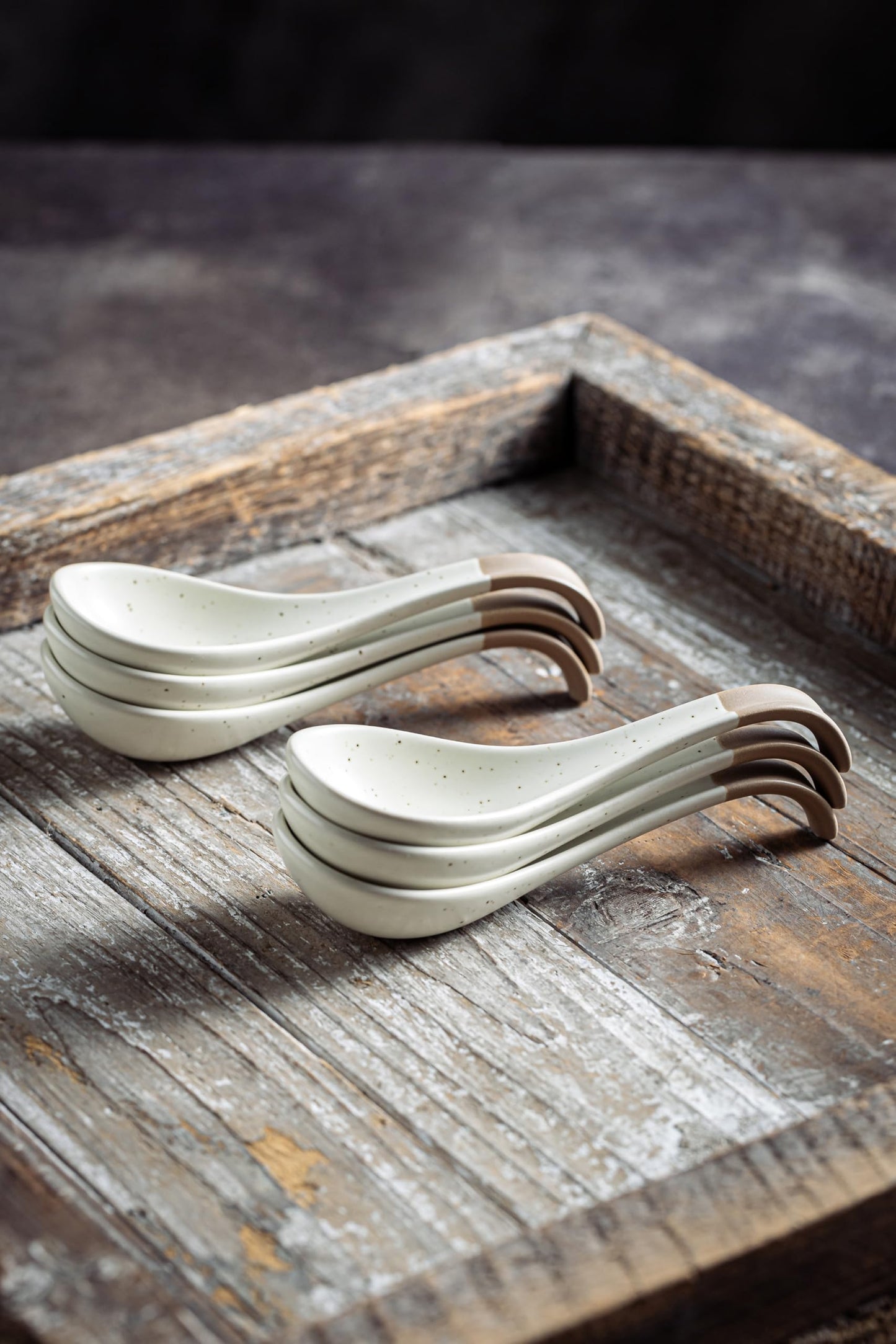 LYEOBOH 6 Pieces Asian Soup Spoons, Japanese Kitchen Soup Spoon Set, Dinner Tablespoons with Long Handle for Cereal, Ramen, Ice Cream, Dishwasher & Microwave Safe, Rustic Decor, White and Brown