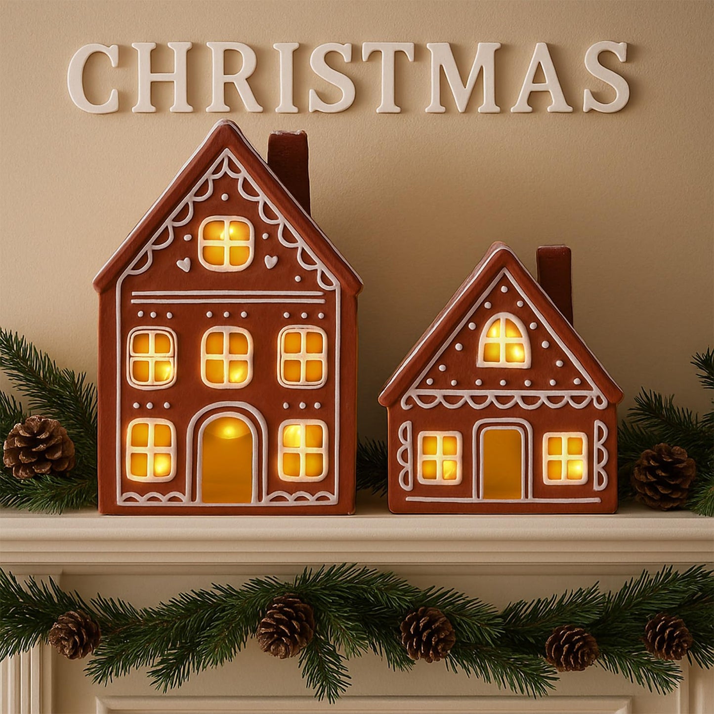 Funnymoom 2 Sets Lighted Ceramic Iced Gingerbread Houses Christmas Decorations Indoor Pre Lit LED Gingerbread Houses Christmas Kitchen Tabletop Decor for Table Centerpiece Xmas Holiday Party Gifts