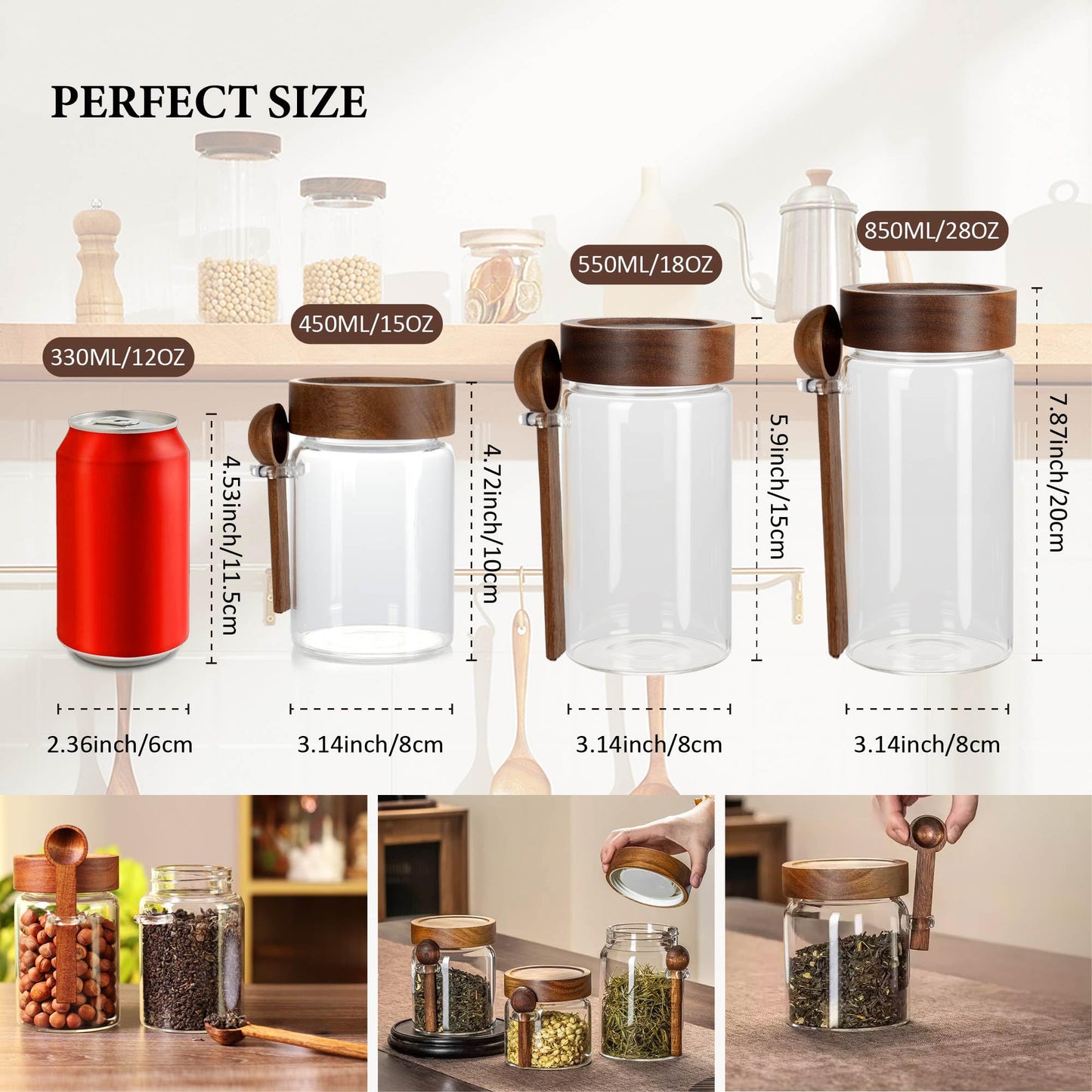 MOLADRI 15 oz/450 ml Glass Storage Canister with Airtight Wooden Lid, Clear Small Decorative Container Jar with Spoon for Salad Overnight Oats Snacks Yogurt Cereal Fruit Spice Sugar Coffee Candy Salt
