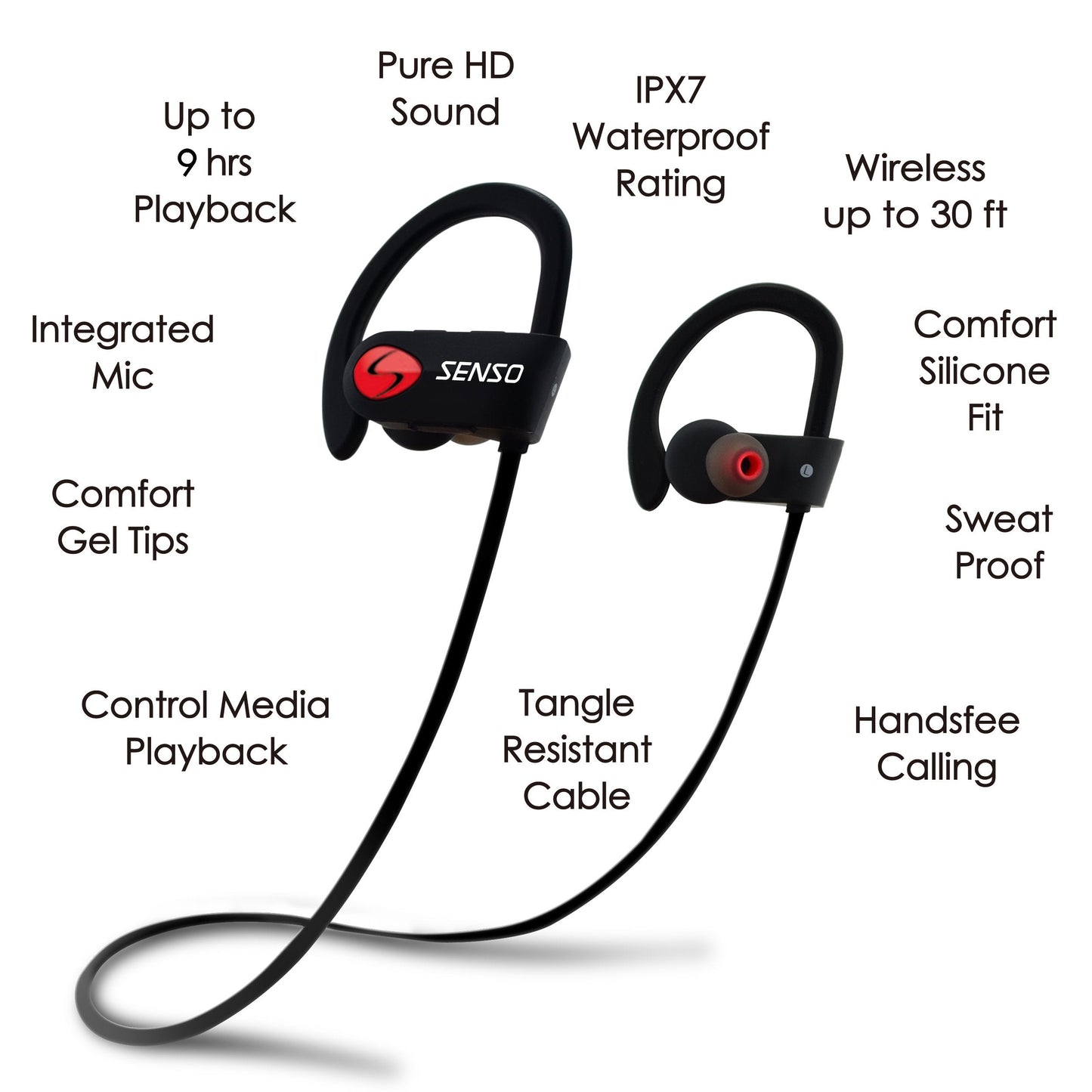 SENSO Bluetooth Headphones, Best Wireless Sports Earbuds w/Mic IPX7 Waterproof HD Stereo Sweatproof Earphones for Gym Running Workout Noise Cancelling Earphones Earbuds Noise Cancelling Headsets