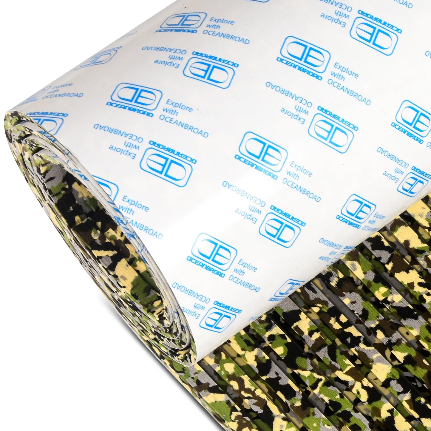 OCEANBROAD Self-Adhesive 96''x47'' Camouflage Boat Flooring Strip Cut Grooves EVA Foam Sheet Non-Slip Traction Pad for Boats Decking Surfboard SUP Paddle Board Kayak, Camo Green