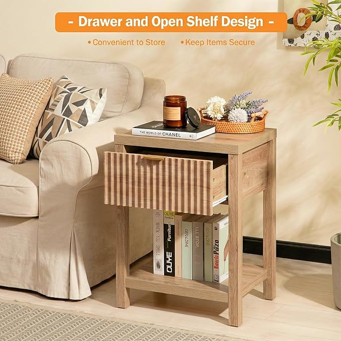 Fluted Night Stand with Golden Handle, Mid-Century Nightstands with Drawer
