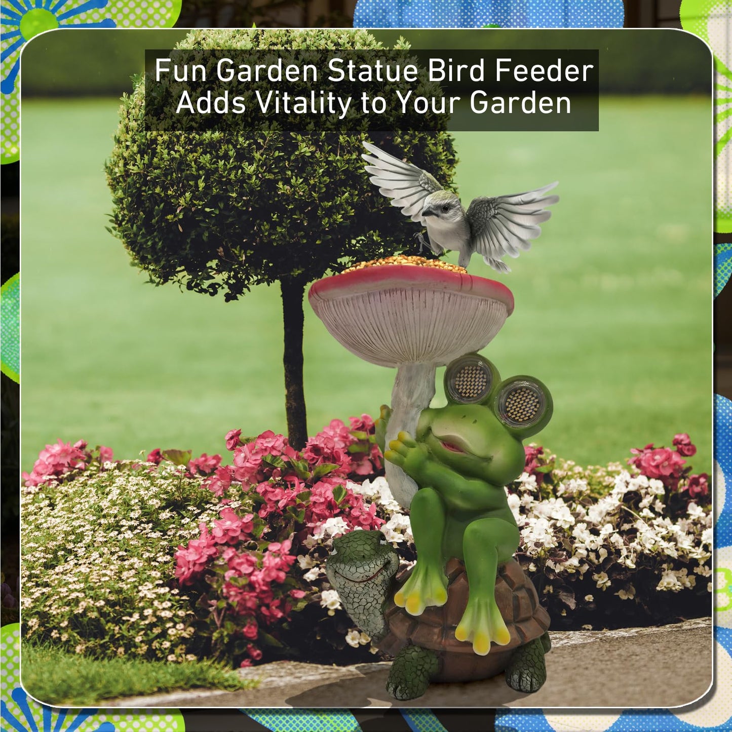 Funny Solar Garden Statues 10'' Frog Turtle with Mushroom Bird Feeder and Eyes LED Lights - Lawn Decor Outdoor Statues for Patio Balcony Yard Ornament - Unique Gardening Gifts for Women Grandma Mom.
