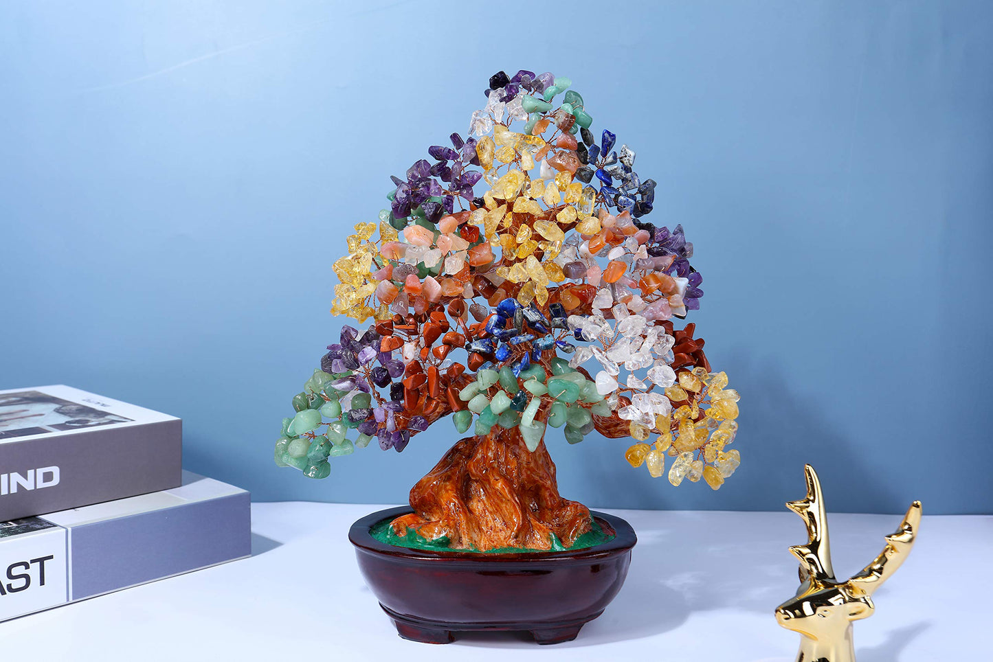 Top Plaza 7 Chakra Healing Crystal Tree 10 Inch Stone Bonsai Tree Feng Shui Good Luck Wealth Money Trees Decor Business Gift for Office Home Living Room